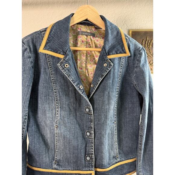 Women's Liz Claiborne Denim Blue Jean Tan Trimmed Snap Front Jacket Size 4 - Picture 9 of 9